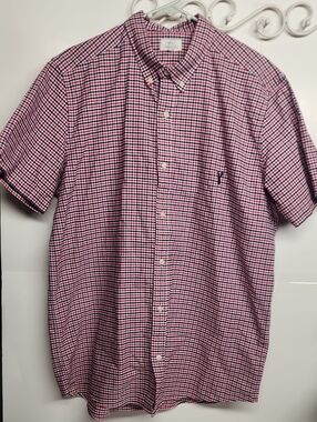 Next Men's Short Sleeve Button-Down 100% Cotton Shirt in Red and Navy Check XL